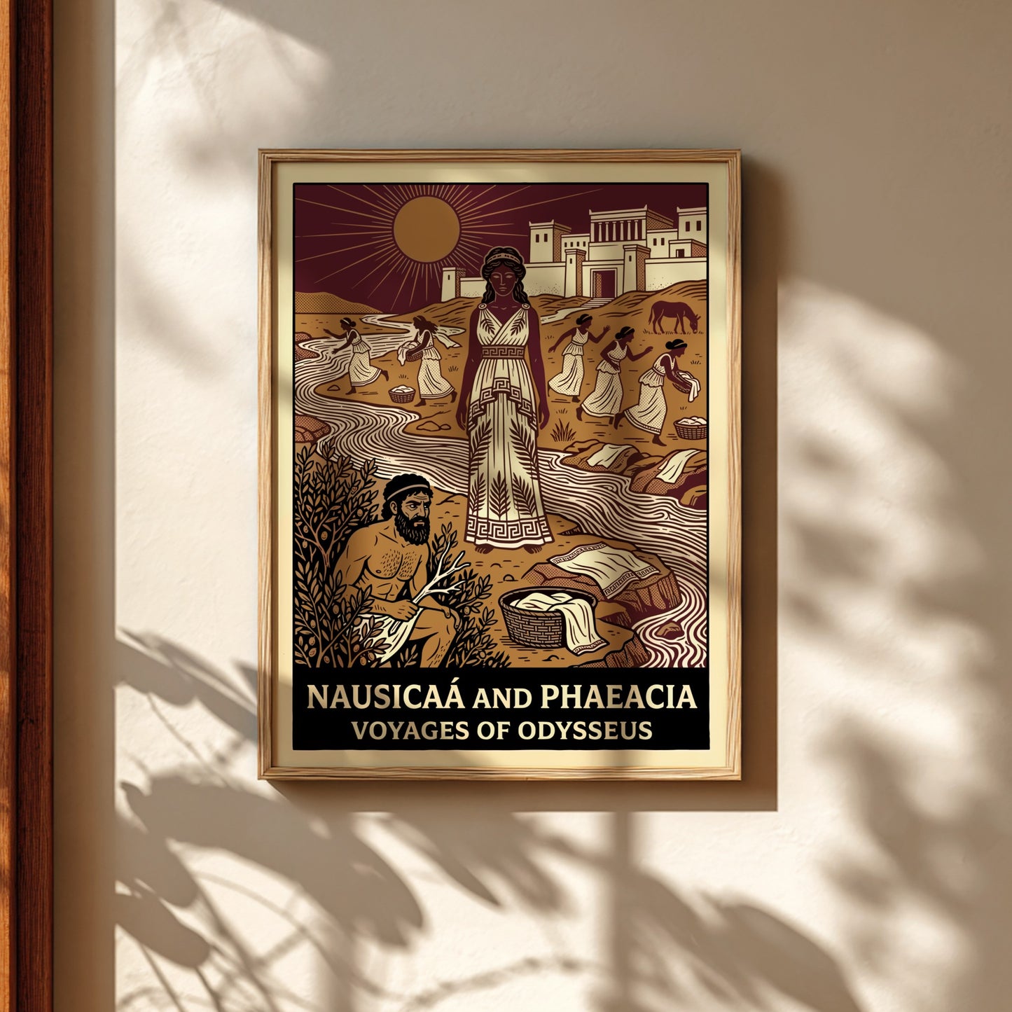 Nausicaa and Phaeacia poster featuring Greek mythology characters by a river in a stylized illustration.