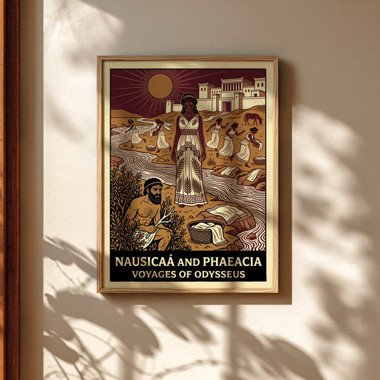 Nausicaa and Phaeacia poster featuring Greek mythology characters by a river in a stylized illustration.
