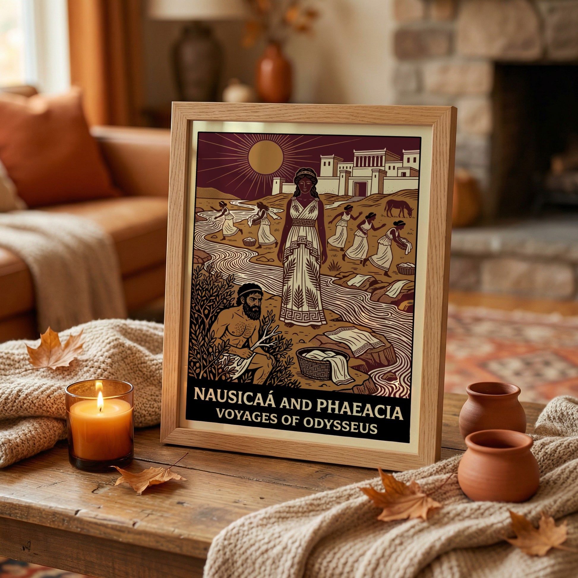 Nausicaa and Phaeacia poster featuring Greek mythology characters by a river in a stylized illustration.