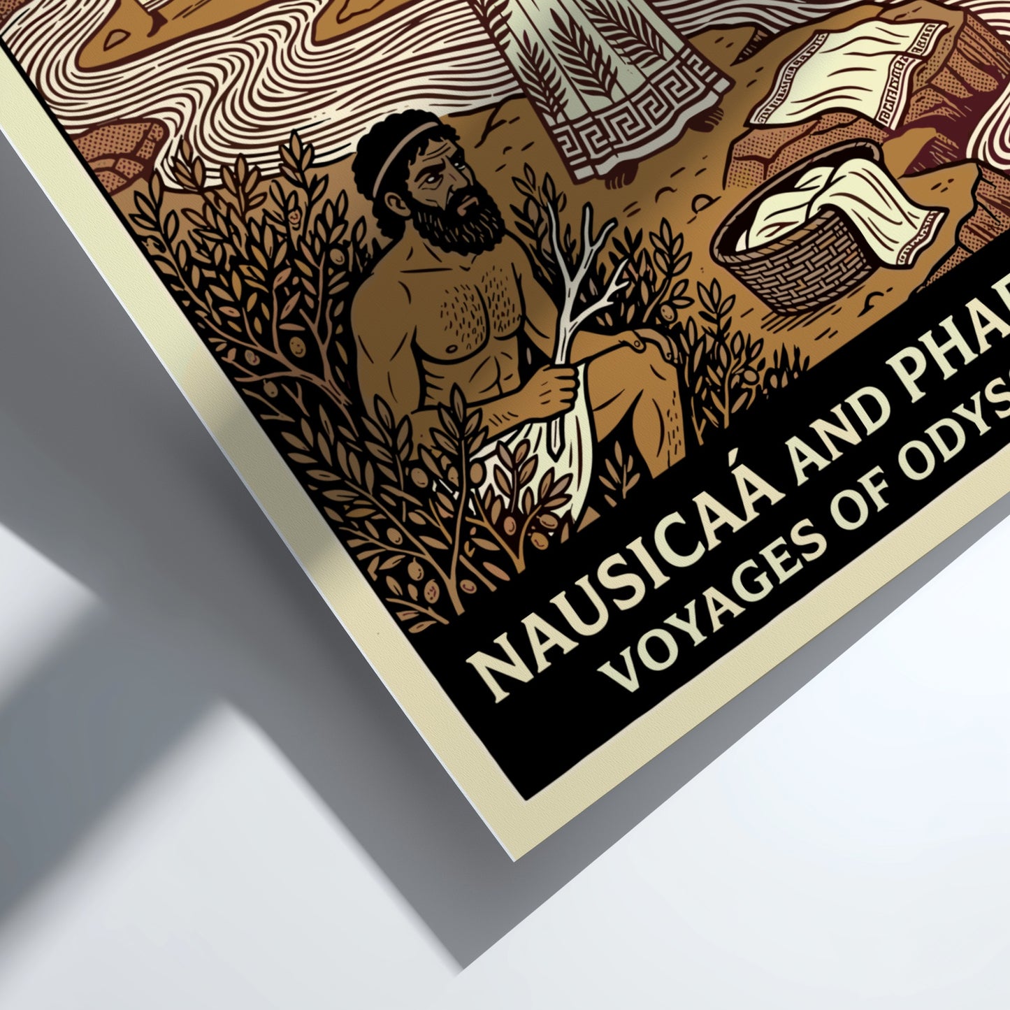 Nausicaa and Phaeacia poster featuring Greek mythology characters by a river in a stylized illustration.
