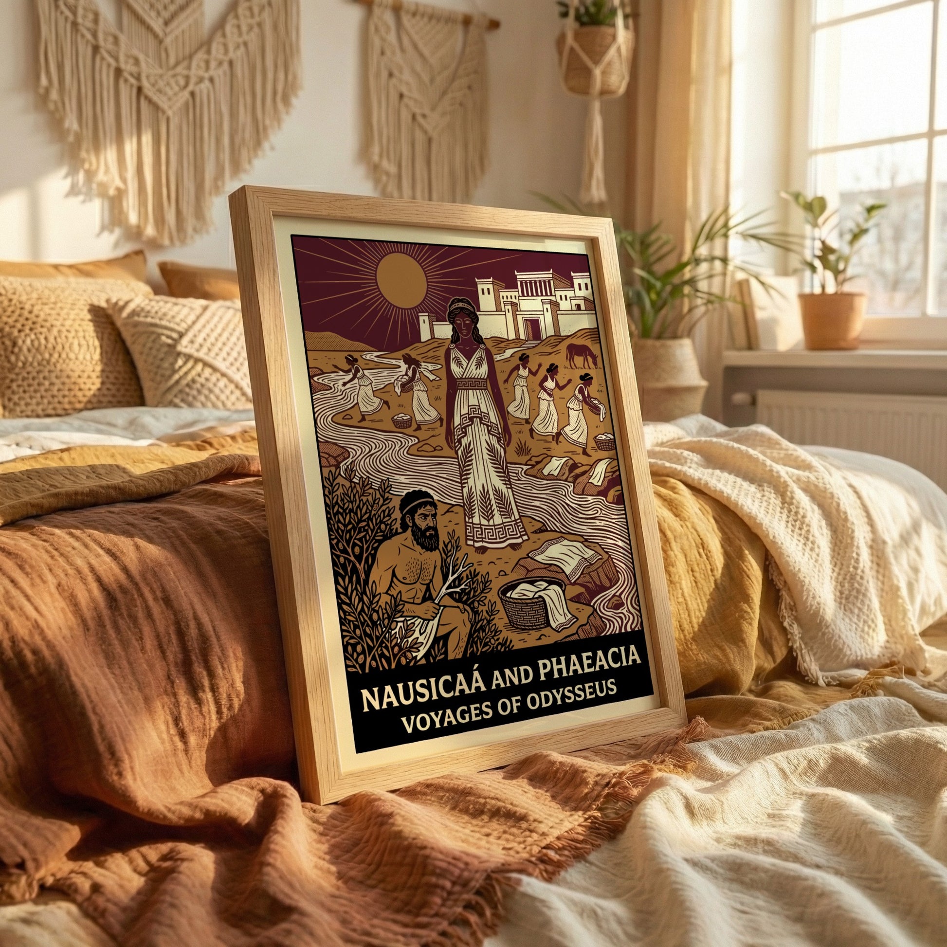 Nausicaa and Phaeacia poster featuring Greek mythology characters by a river in a stylized illustration.