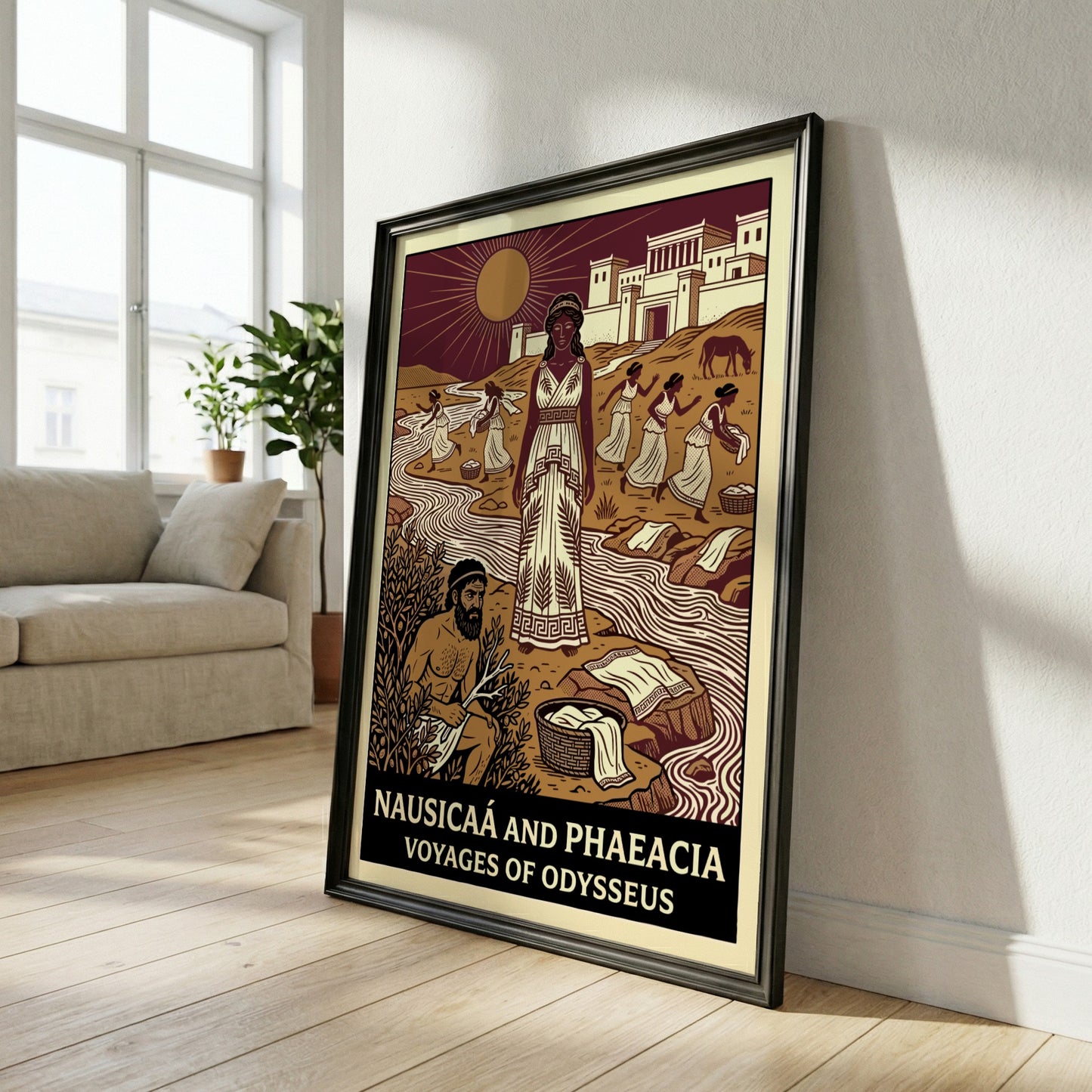 Nausicaa and Phaeacia poster featuring Greek mythology characters by a river in a stylized illustration.