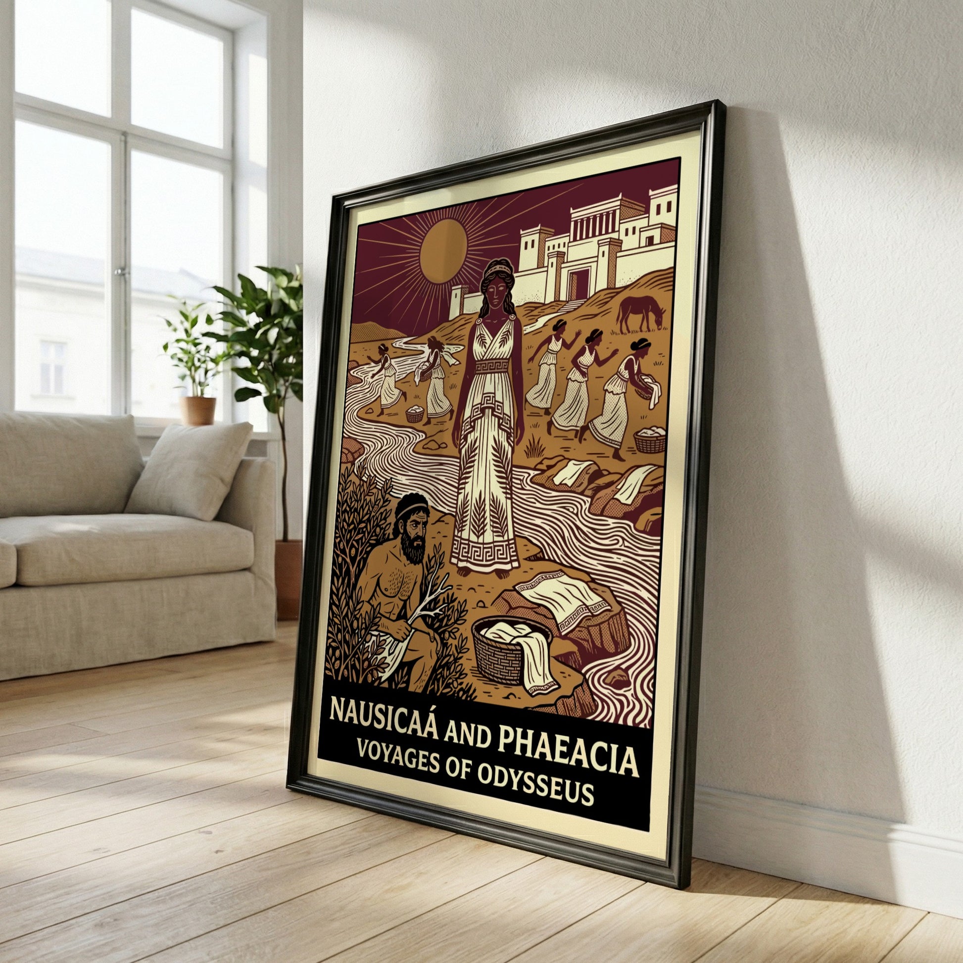 Nausicaa and Phaeacia poster featuring Greek mythology characters by a river in a stylized illustration.