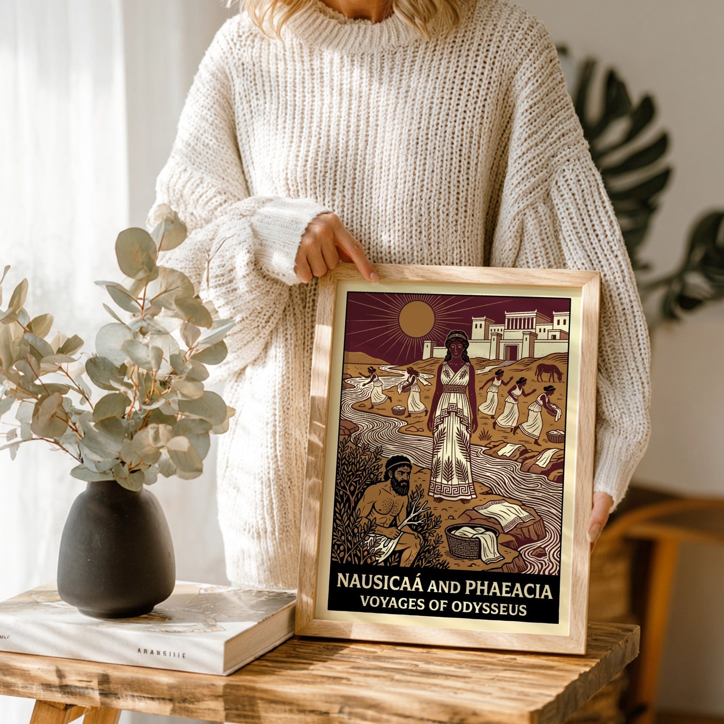 Nausicaa and Phaeacia poster featuring Greek mythology characters by a river in a stylized illustration.