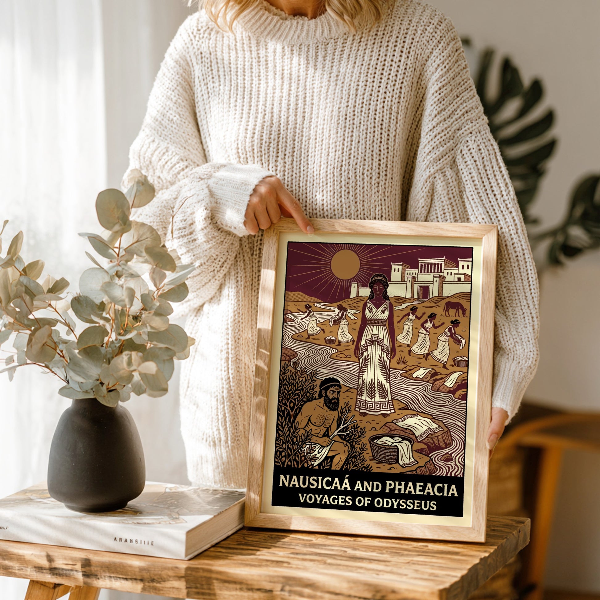 Nausicaa and Phaeacia poster featuring Greek mythology characters by a river in a stylized illustration.
