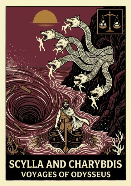 Scylla and Charybdis Greek mythology poster featuring Odysseus's ship, monster heads, and whirlpool.