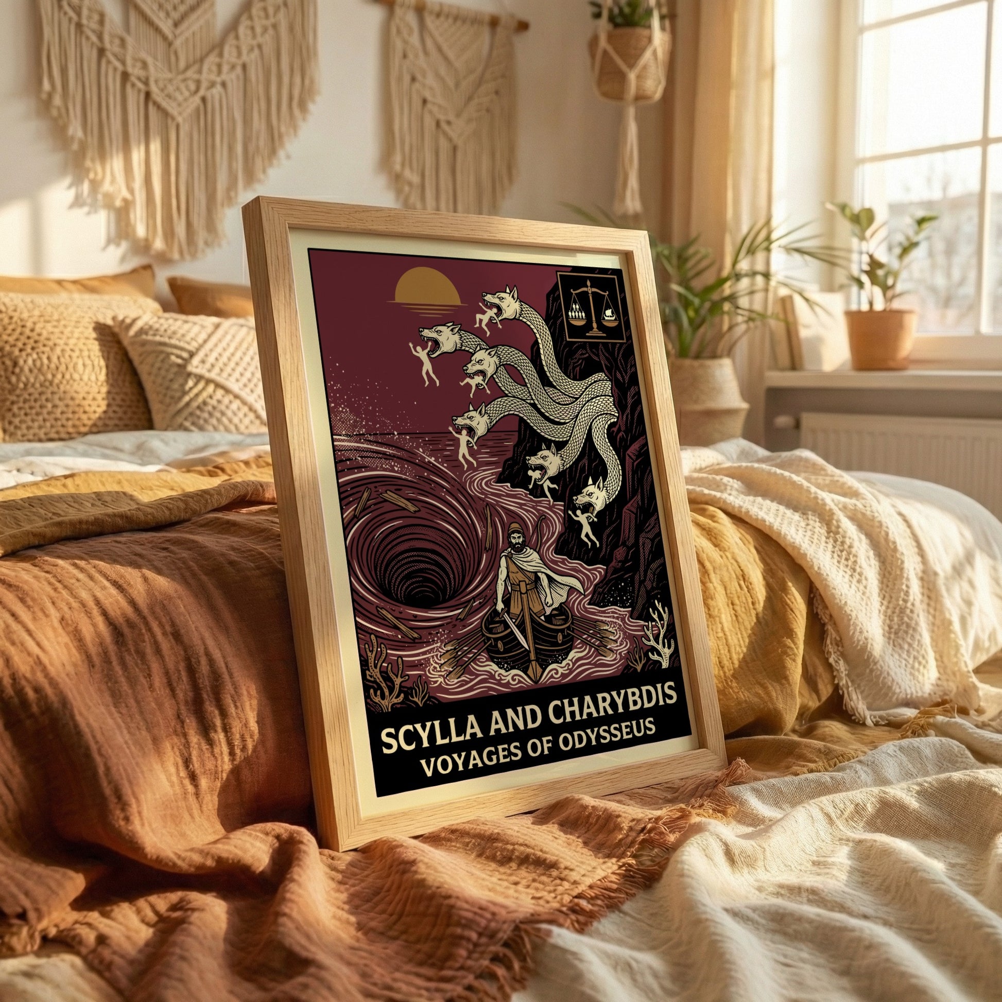 Scylla and Charybdis Greek mythology poster featuring Odysseus's ship, monster heads, and whirlpool.