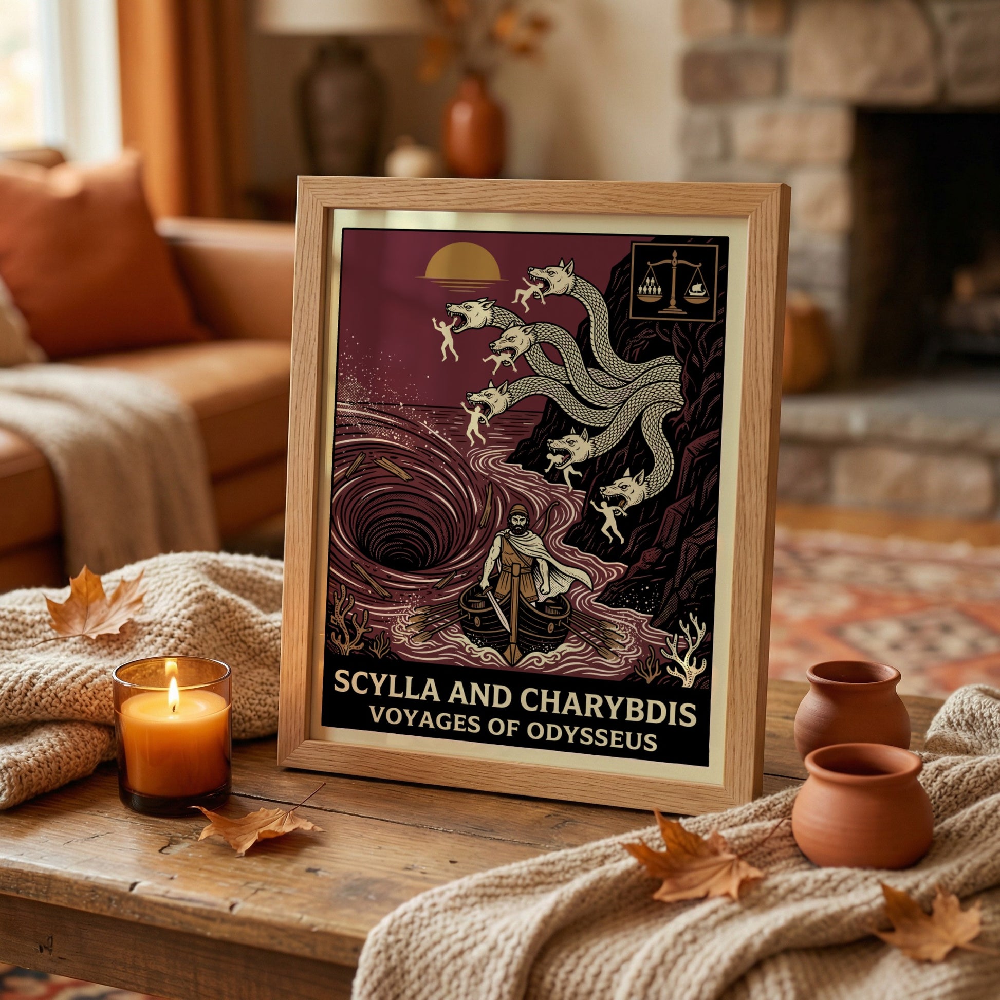 Scylla and Charybdis Greek mythology poster featuring Odysseus's ship, monster heads, and whirlpool.