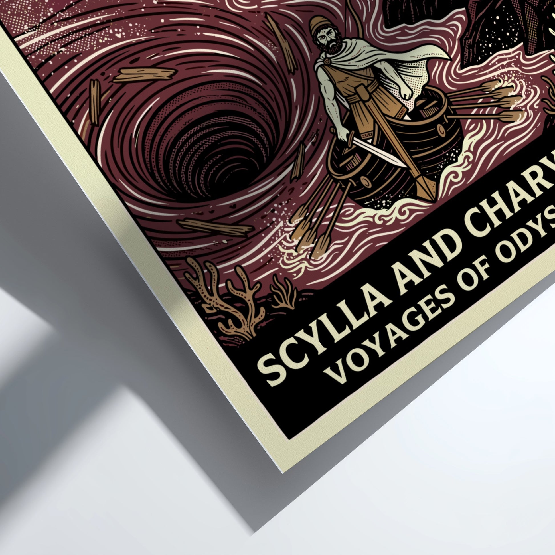 Scylla and Charybdis Greek mythology poster featuring Odysseus's ship, monster heads, and whirlpool.