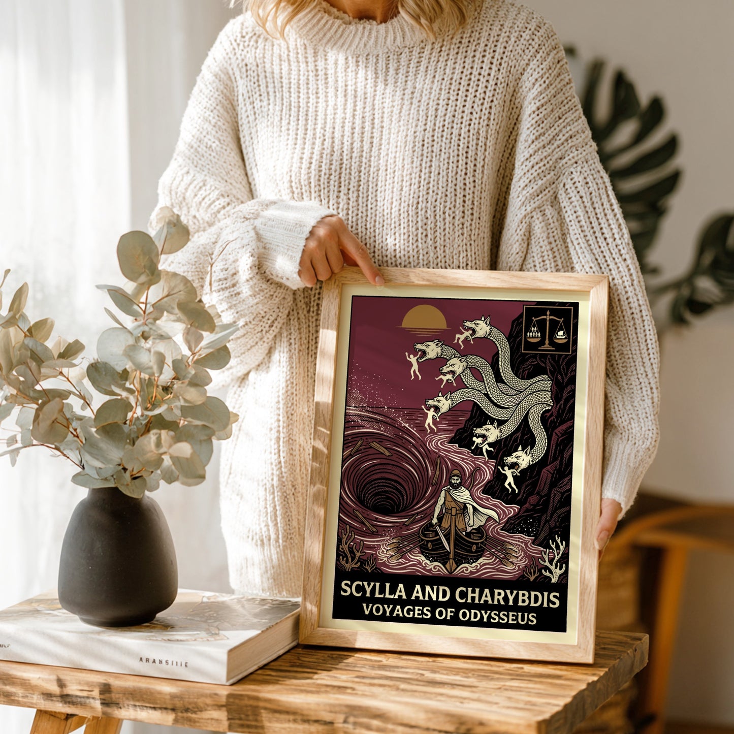 Scylla and Charybdis Greek mythology poster featuring Odysseus's ship, monster heads, and whirlpool.