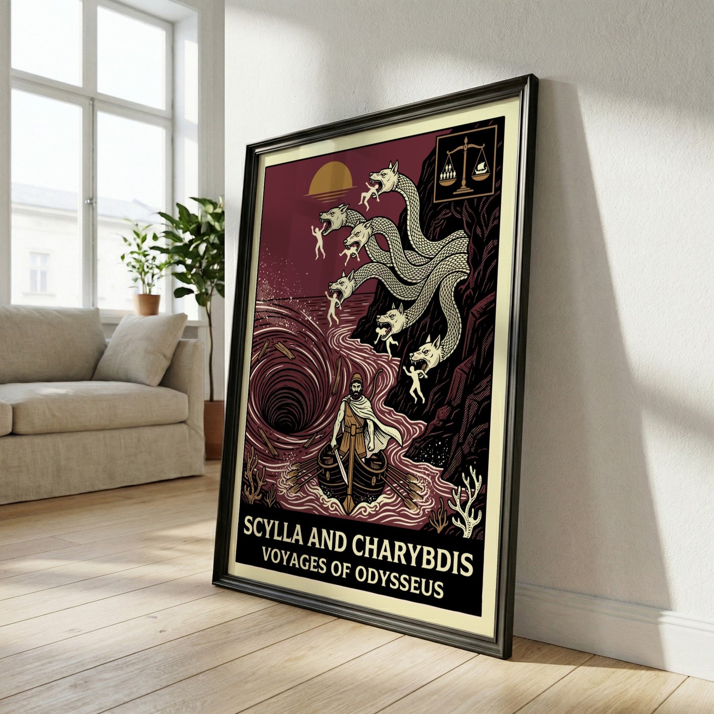 Scylla and Charybdis Greek mythology poster featuring Odysseus's ship, monster heads, and whirlpool.