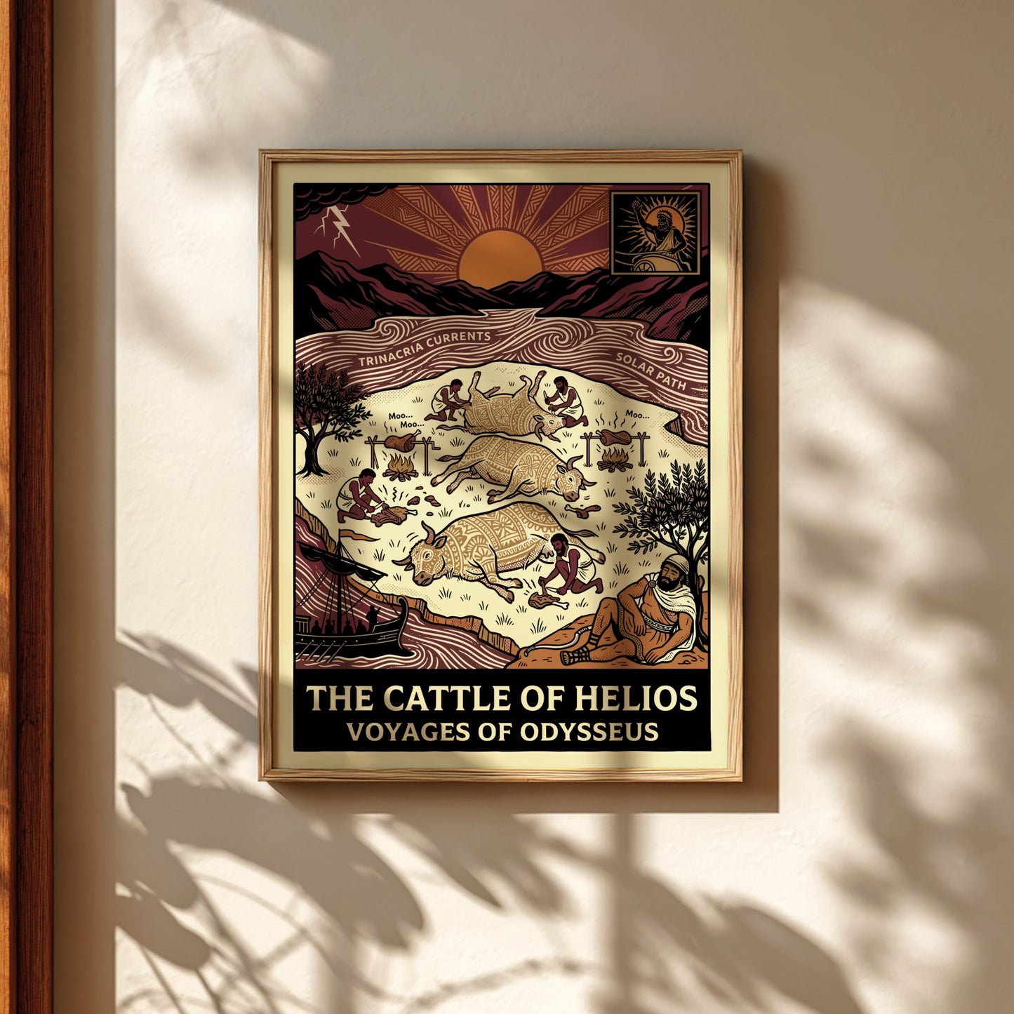 The Cattle of Helios Greek mythology poster, featuring stylized cattle, figures, and epic scene in earthy