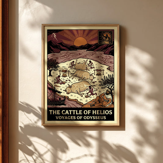 The Cattle of Helios Greek mythology poster, featuring stylized cattle, figures, and epic scene in earthy