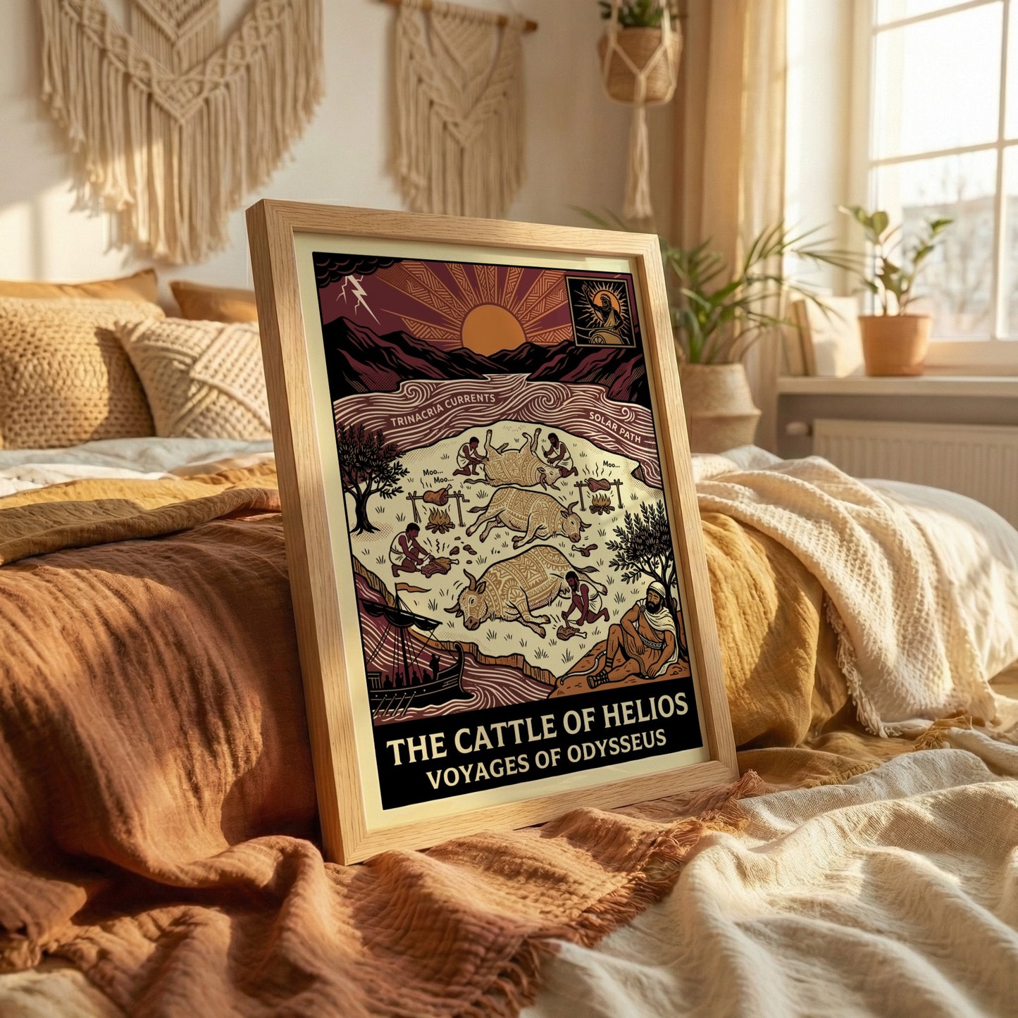 The Cattle of Helios Greek mythology poster, featuring stylized cattle, figures, and epic scene in earthy