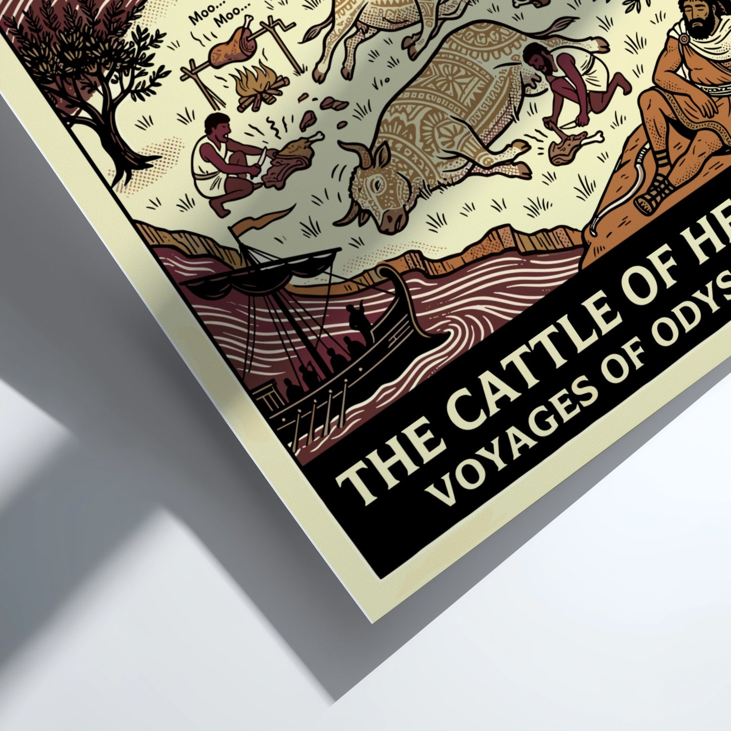 The Cattle of Helios Greek mythology poster, featuring stylized cattle, figures, and epic scene in earthy