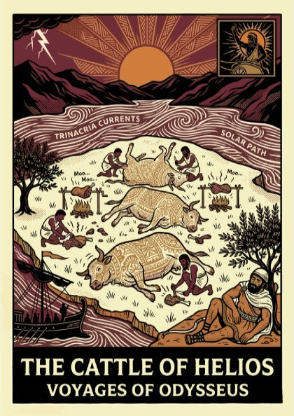 The Cattle of Helios Greek mythology poster, featuring stylized cattle, figures, and epic scene in earthy