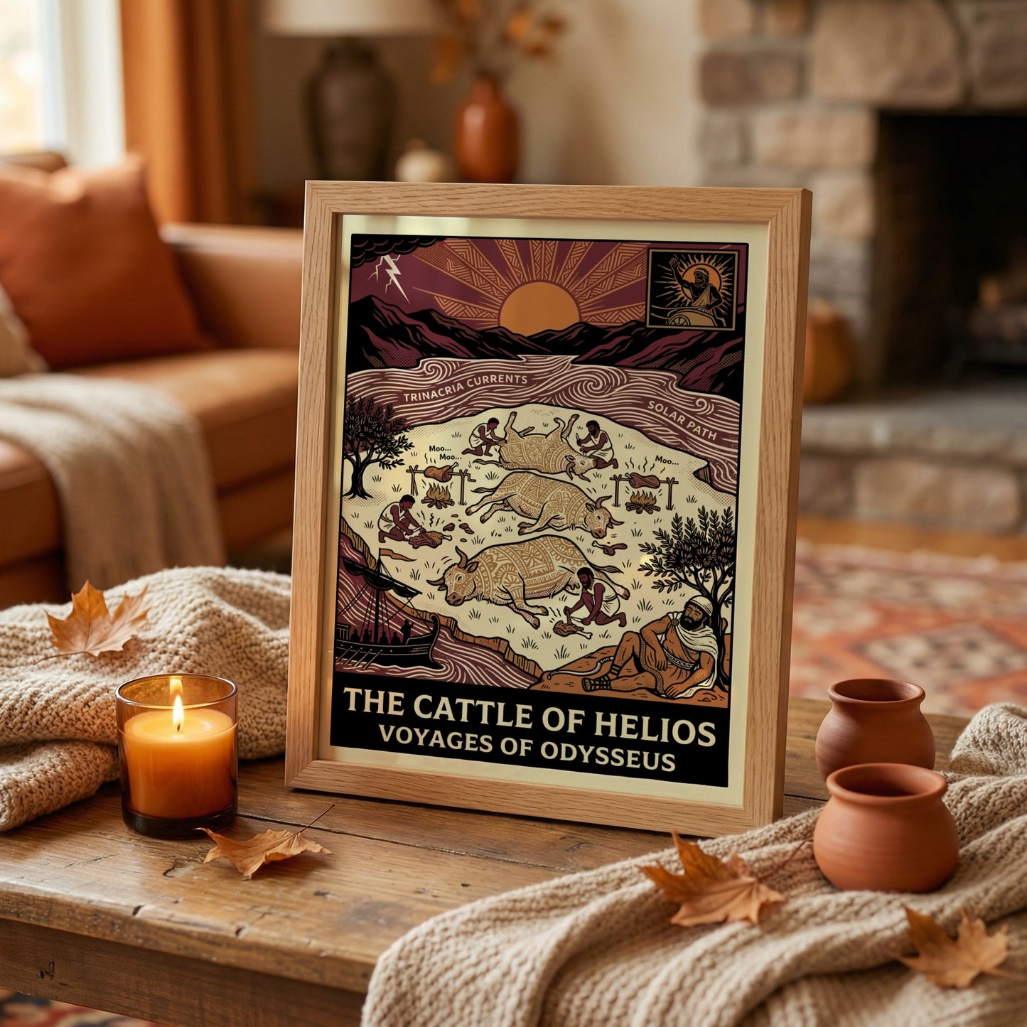 The Cattle of Helios Greek mythology poster, featuring stylized cattle, figures, and epic scene in earthy