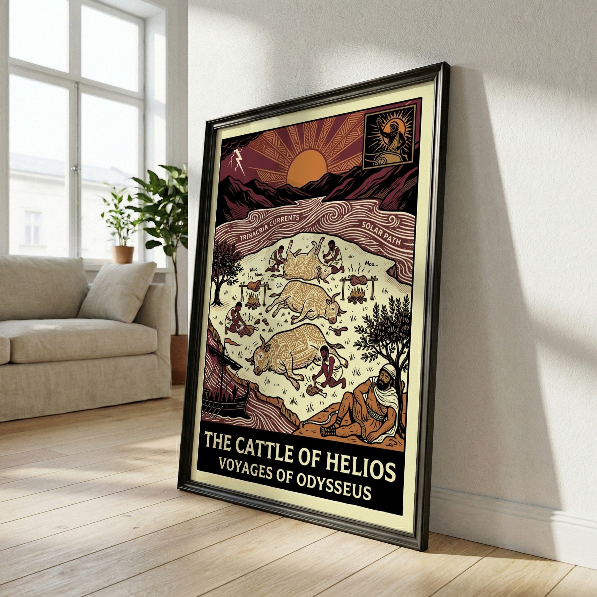 The Cattle of Helios Greek mythology poster, featuring stylized cattle, figures, and epic scene in earthy