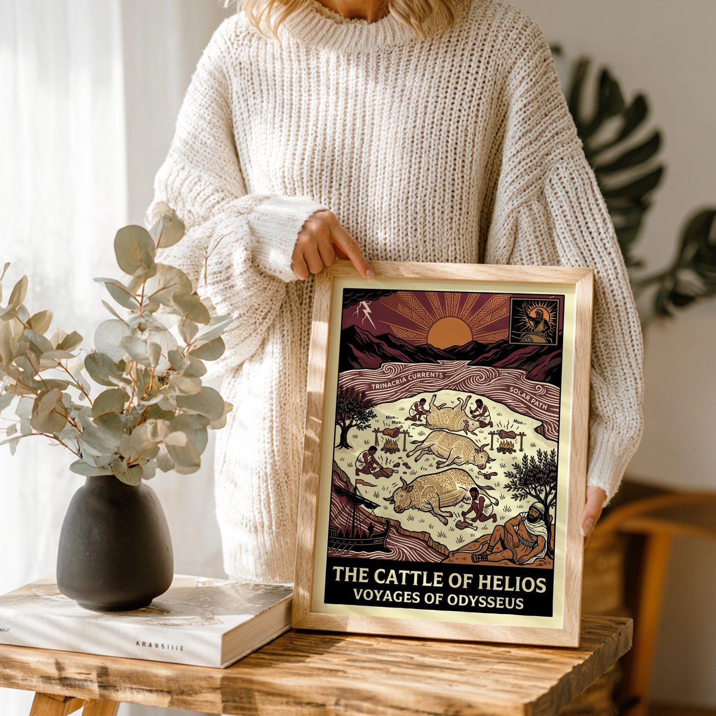The Cattle of Helios Greek mythology poster, featuring stylized cattle, figures, and epic scene in earthy