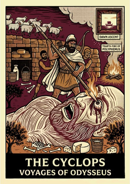 The Cyclops Greek mythology poster in linocut style, showing Odysseus blinding Polyphemus.