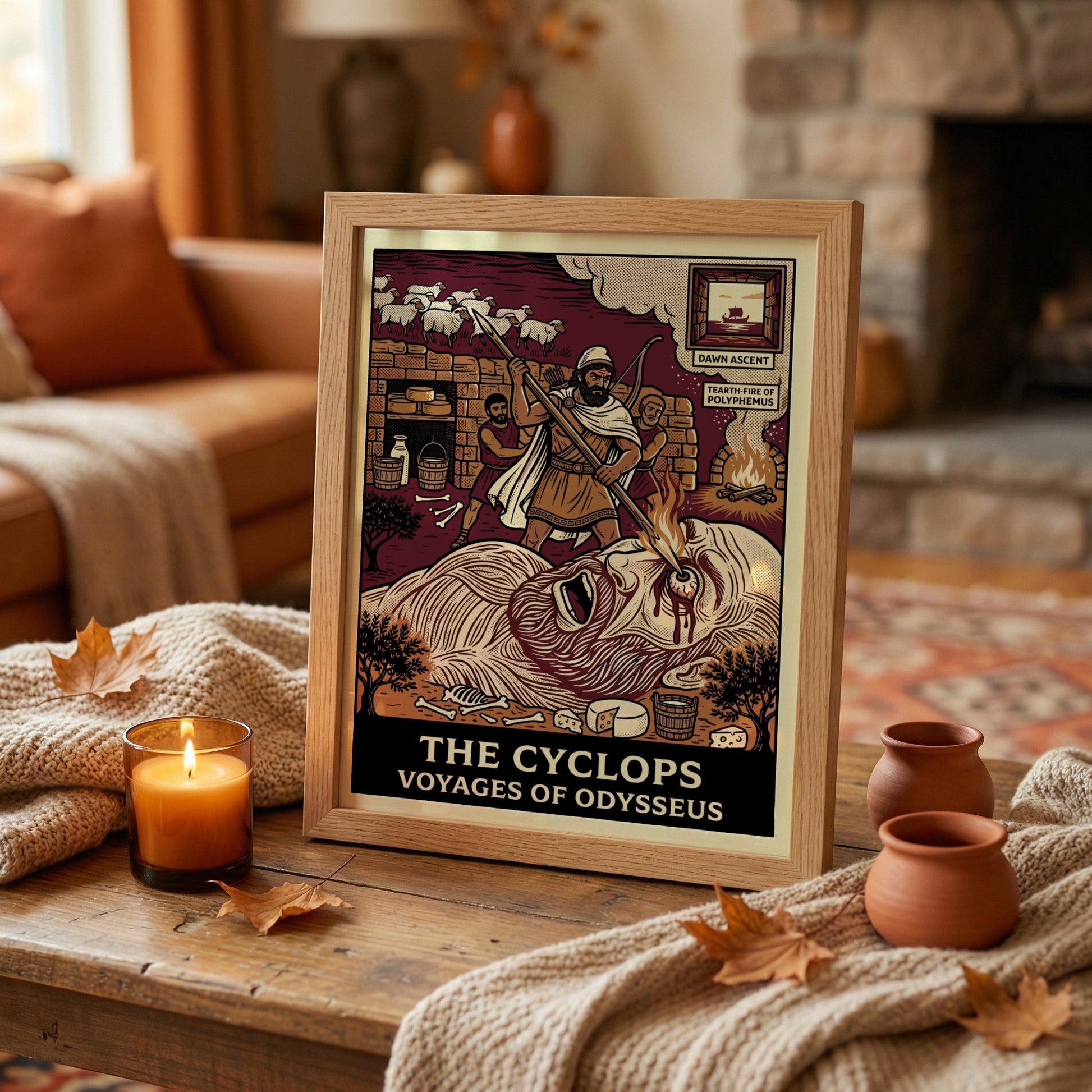The Cyclops Greek mythology poster in linocut style, showing Odysseus blinding Polyphemus.