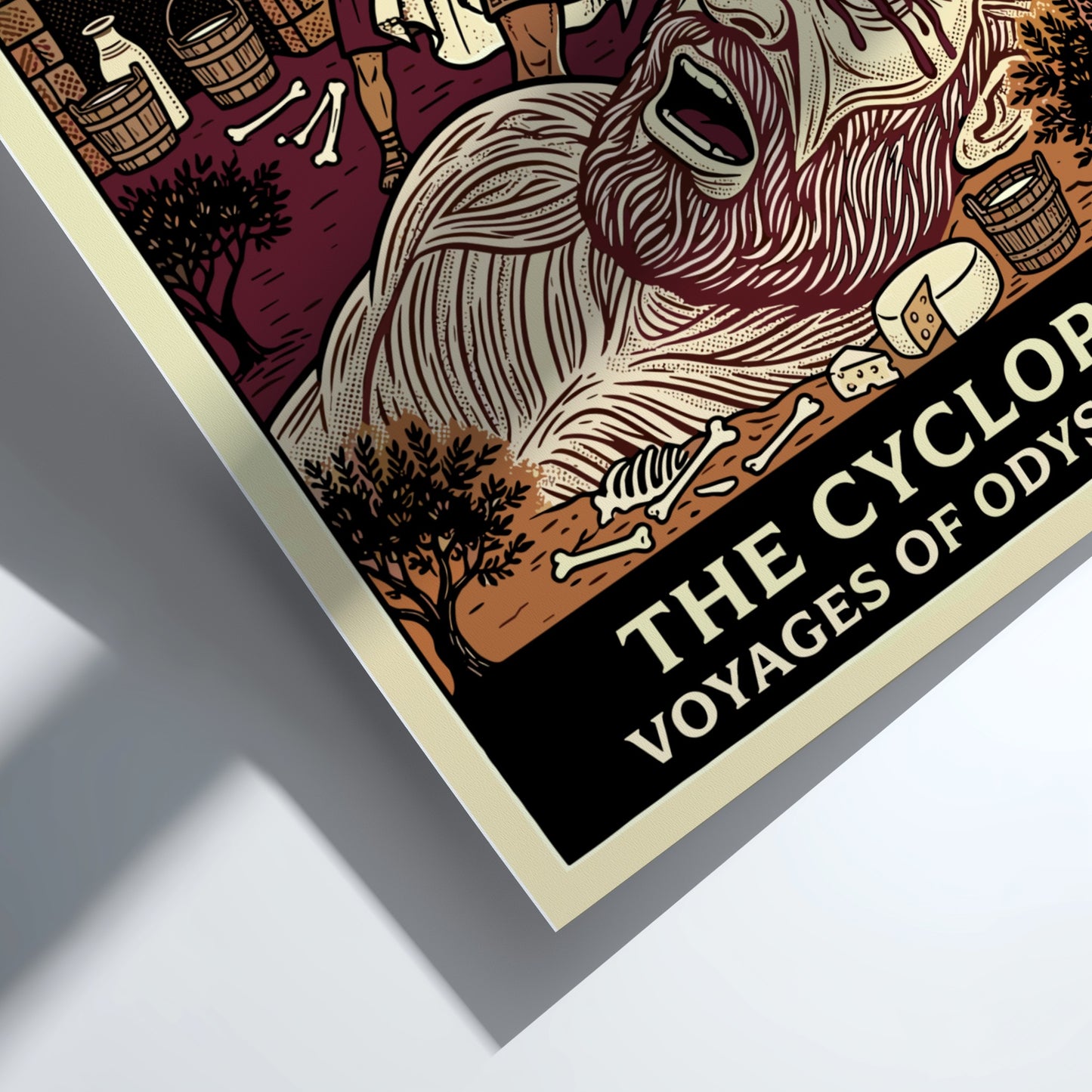 The Cyclops Greek mythology poster in linocut style, showing Odysseus blinding Polyphemus.
