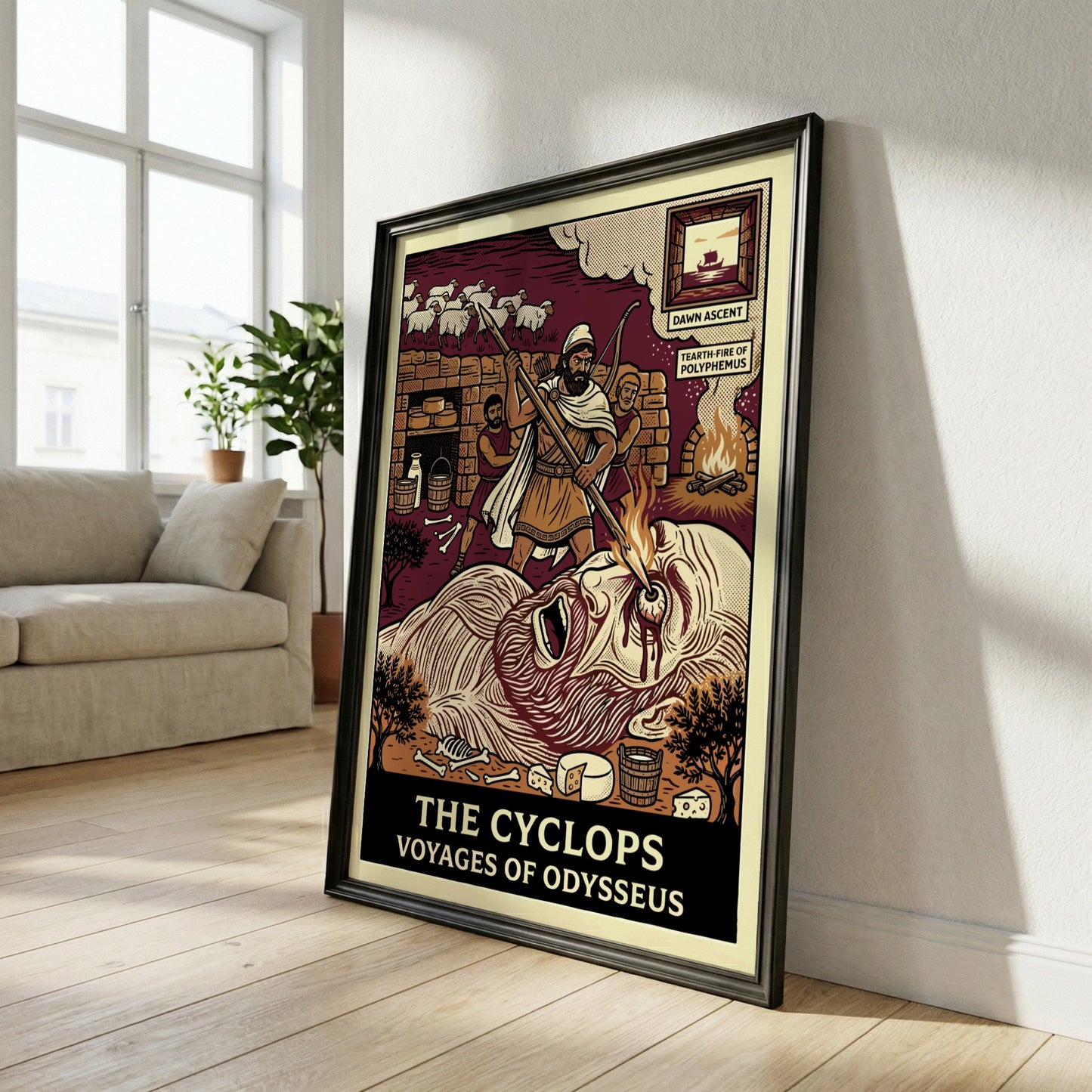 The Cyclops Greek mythology poster in linocut style, showing Odysseus blinding Polyphemus.
