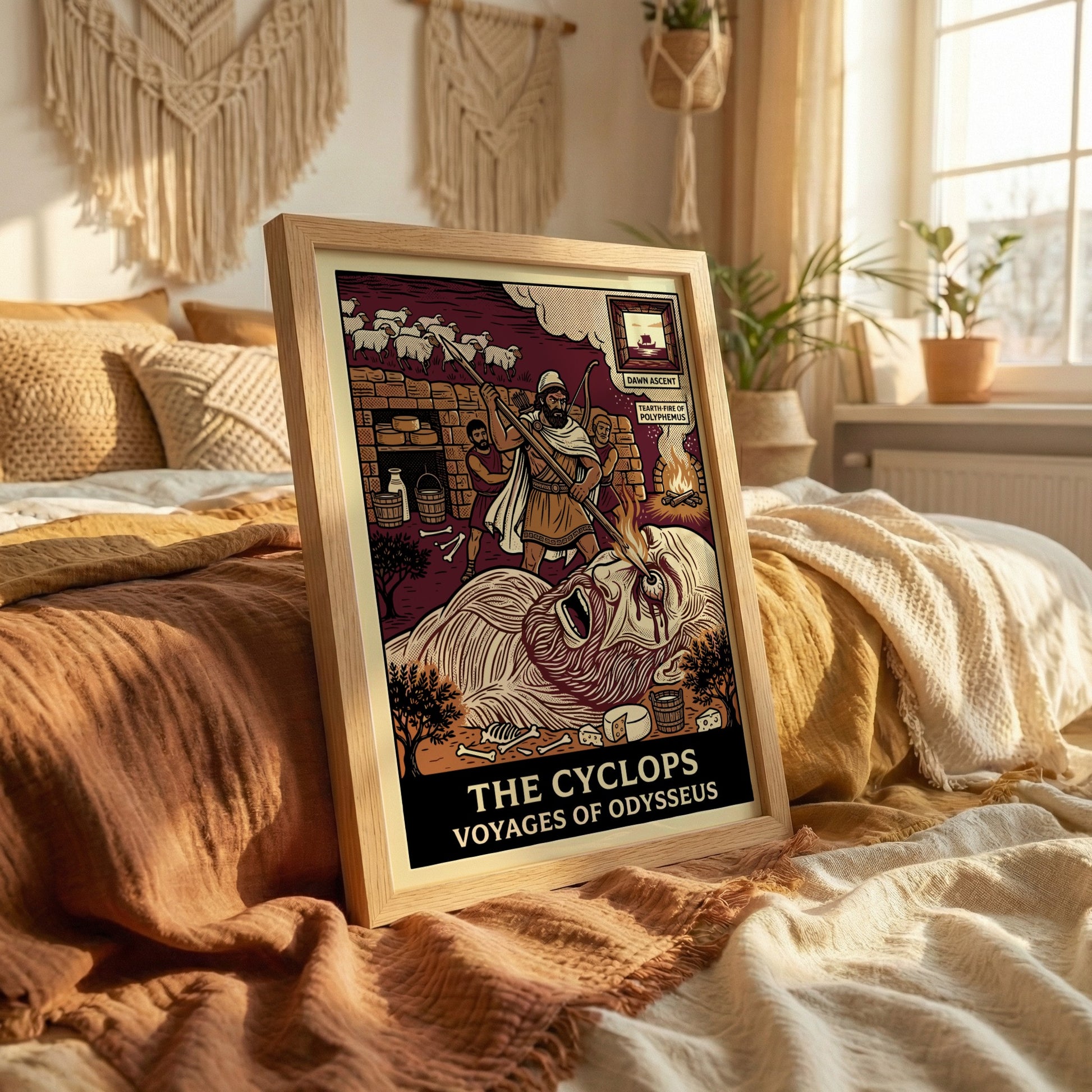 The Cyclops Greek mythology poster in linocut style, showing Odysseus blinding Polyphemus.