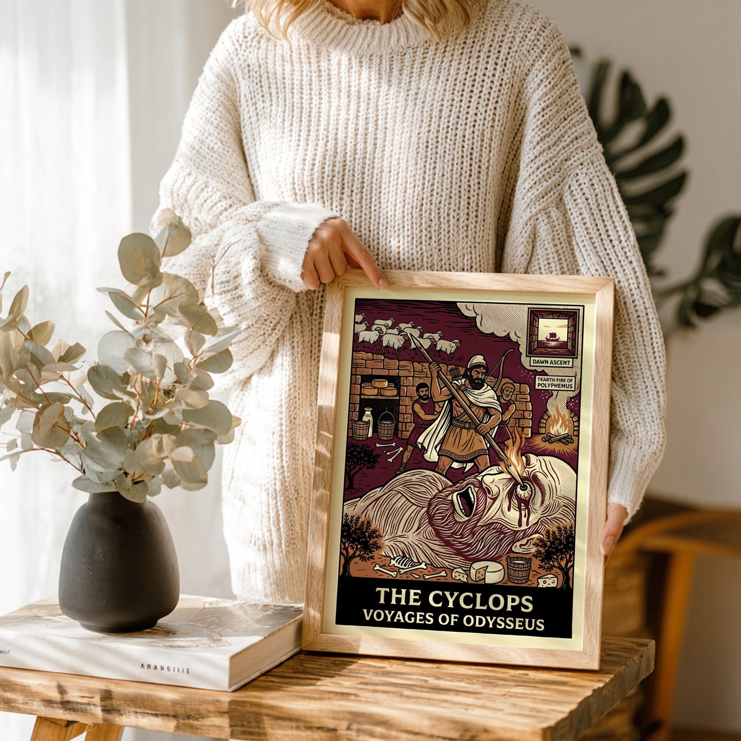 The Cyclops Greek mythology poster in linocut style, showing Odysseus blinding Polyphemus.