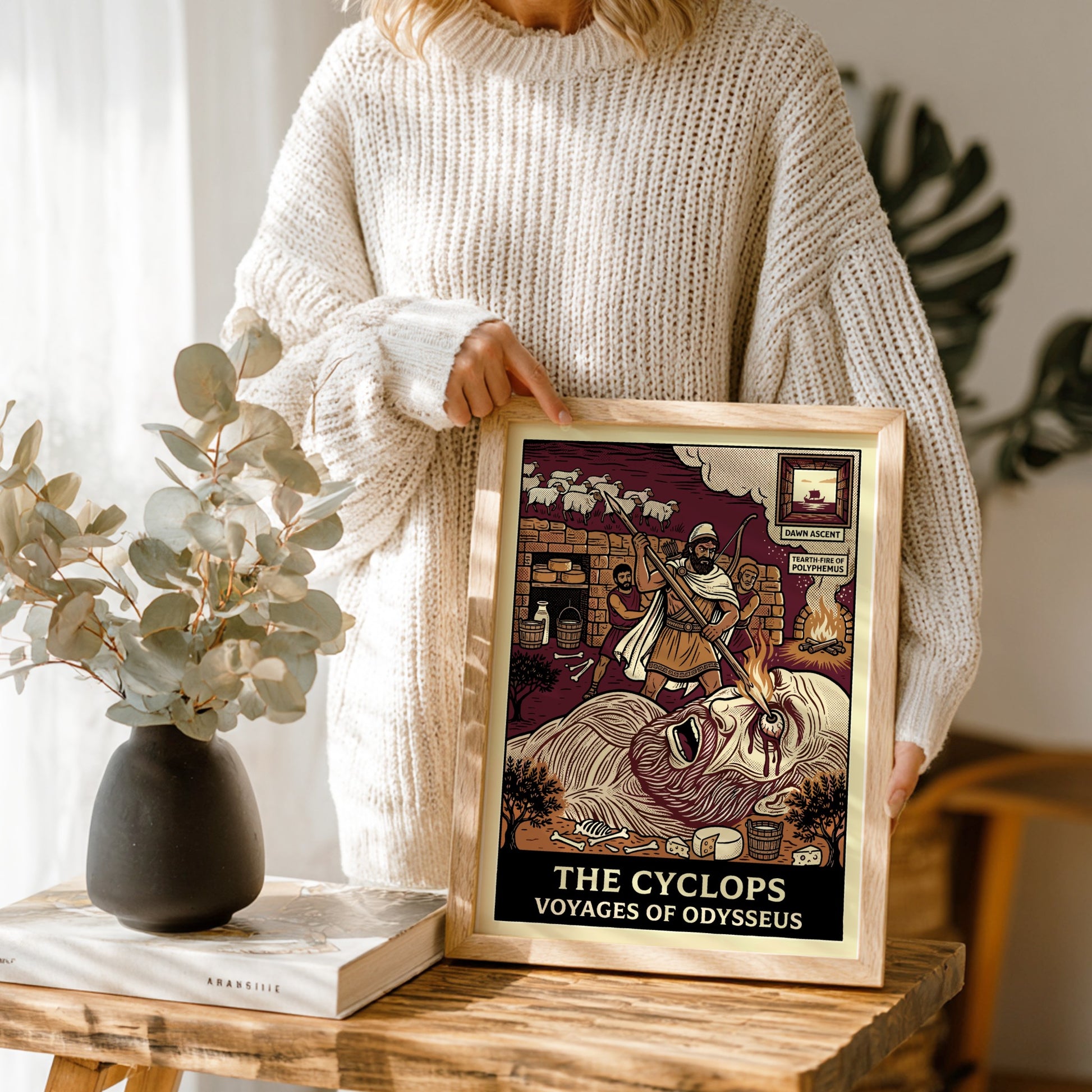 The Cyclops Greek mythology poster in linocut style, showing Odysseus blinding Polyphemus.