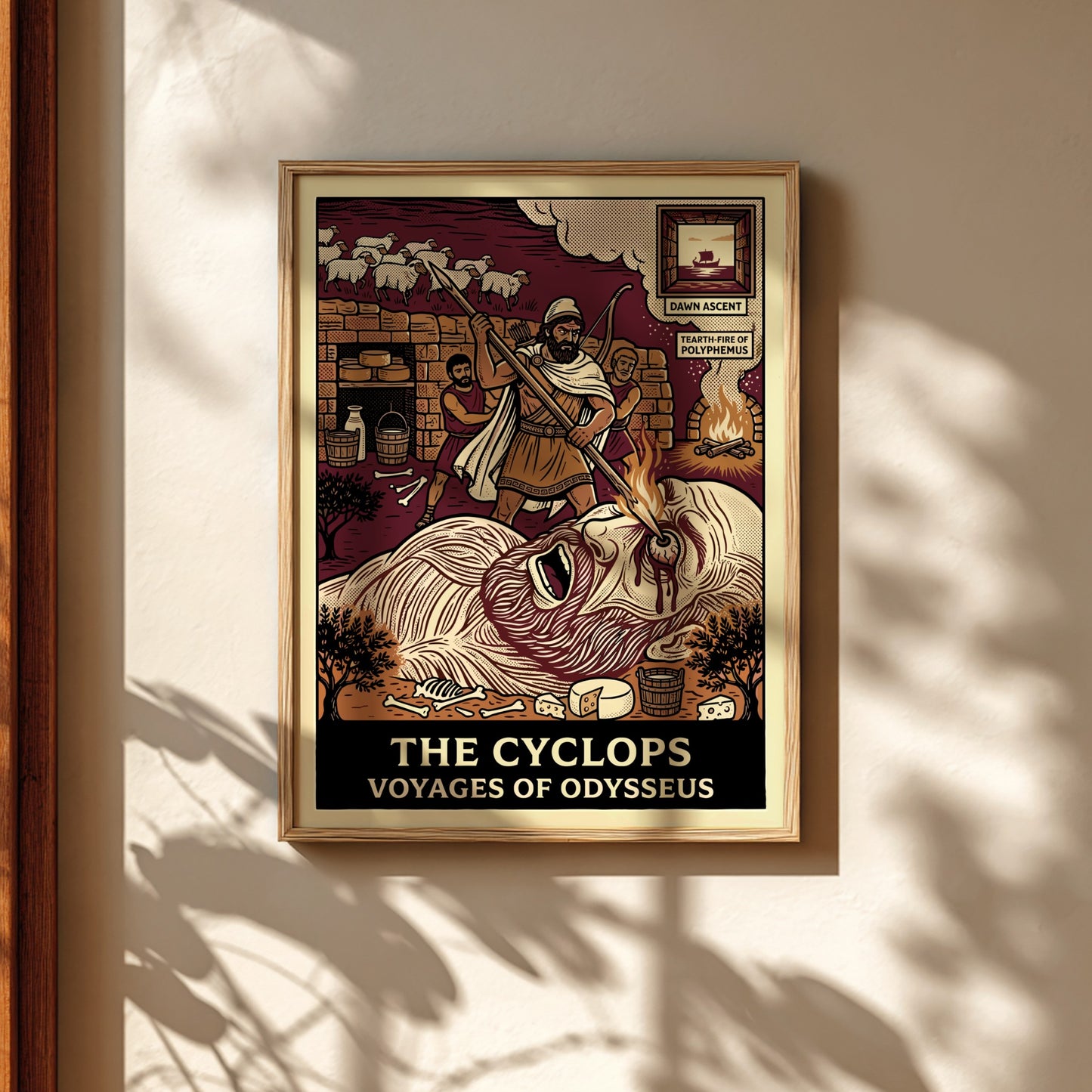 The Cyclops Greek mythology poster in linocut style, showing Odysseus blinding Polyphemus.