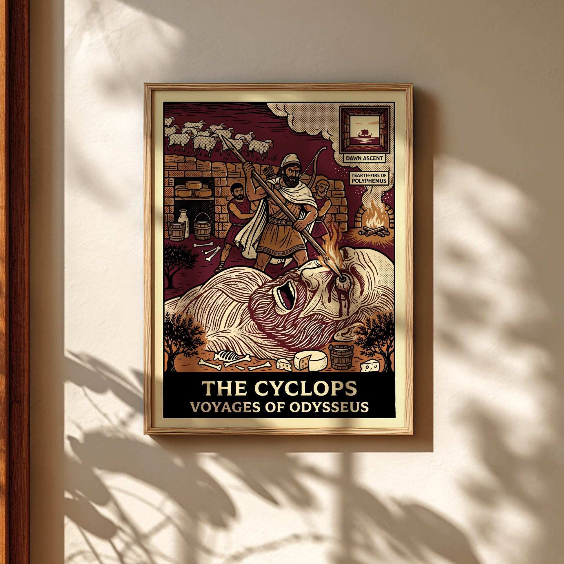 The Cyclops Greek mythology poster in linocut style, showing Odysseus blinding Polyphemus.