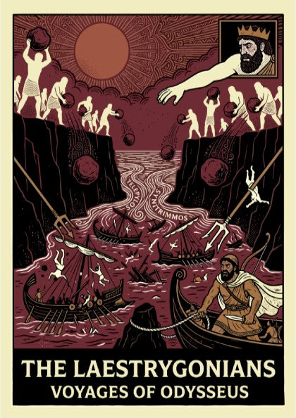 Laestrygonians Odyssey poster featuring a dramatic scene of giants attacking ships in red and cream colors.