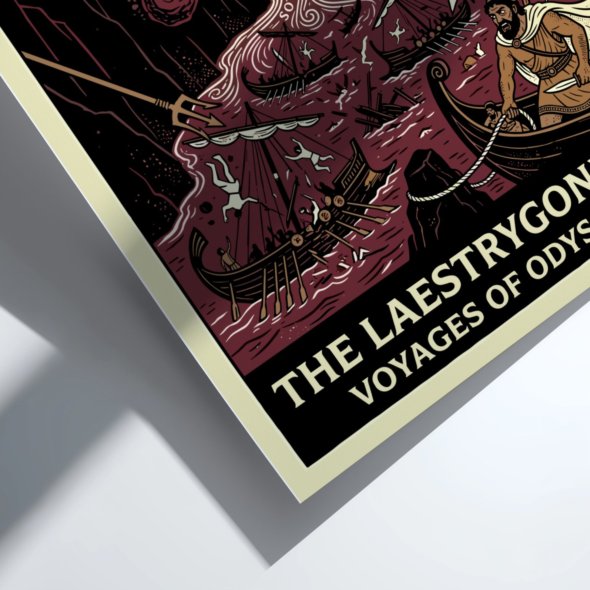 Laestrygonians Odyssey poster featuring a dramatic scene of giants attacking ships in red and cream colors.