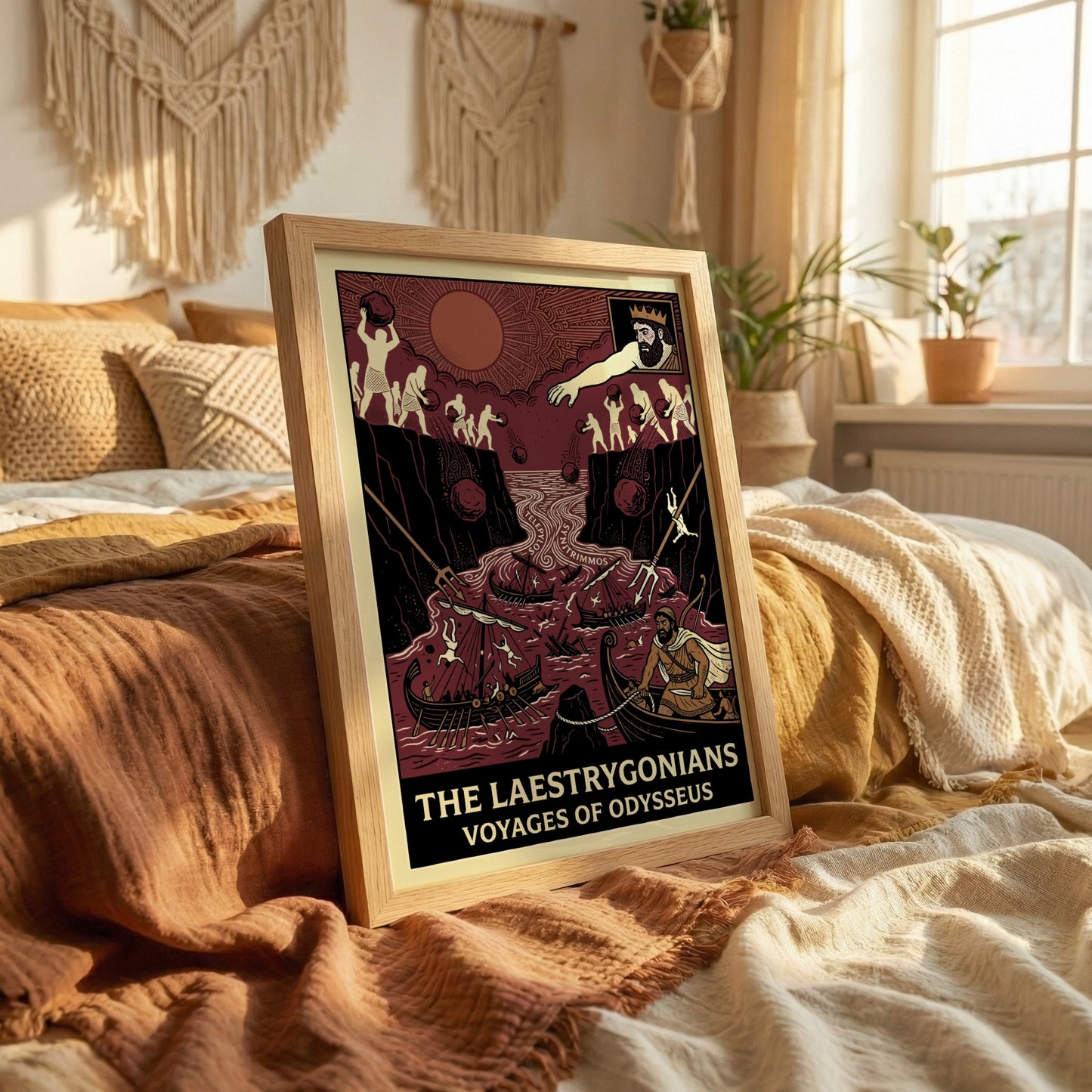Laestrygonians Odyssey poster featuring a dramatic scene of giants attacking ships in red and cream colors.