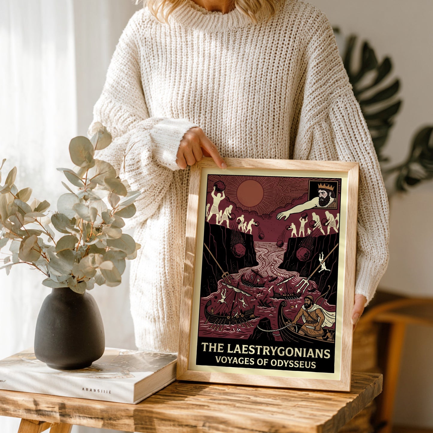 Laestrygonians Odyssey poster featuring a dramatic scene of giants attacking ships in red and cream colors.