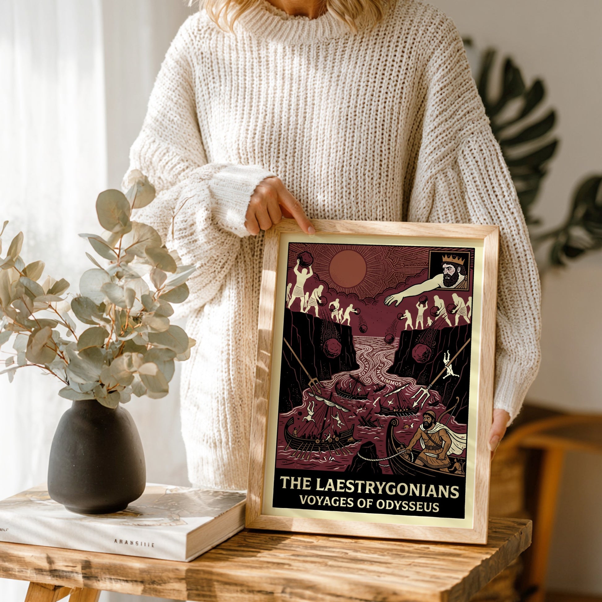 Laestrygonians Odyssey poster featuring a dramatic scene of giants attacking ships in red and cream colors.