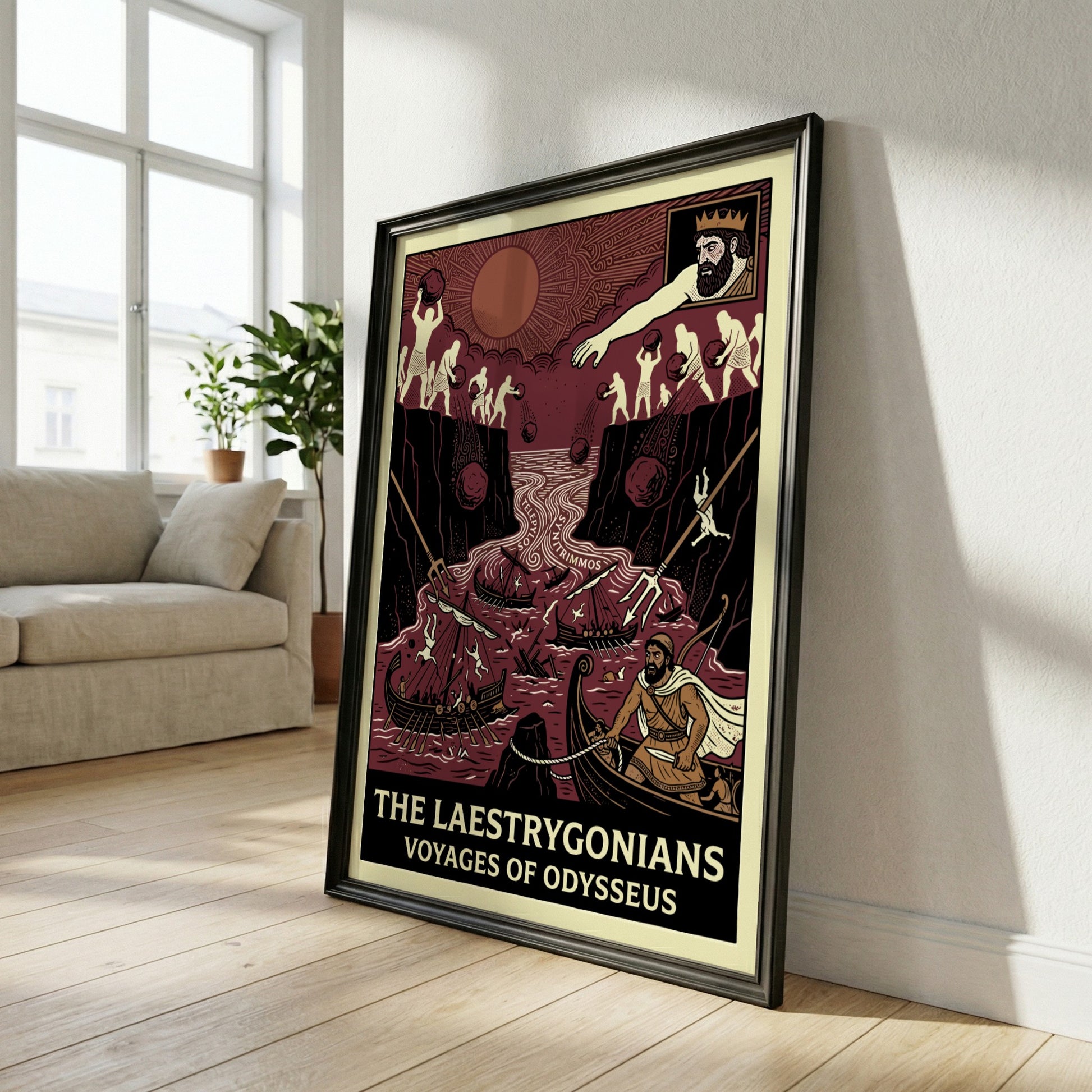 Laestrygonians Odyssey poster featuring a dramatic scene of giants attacking ships in red and cream colors.
