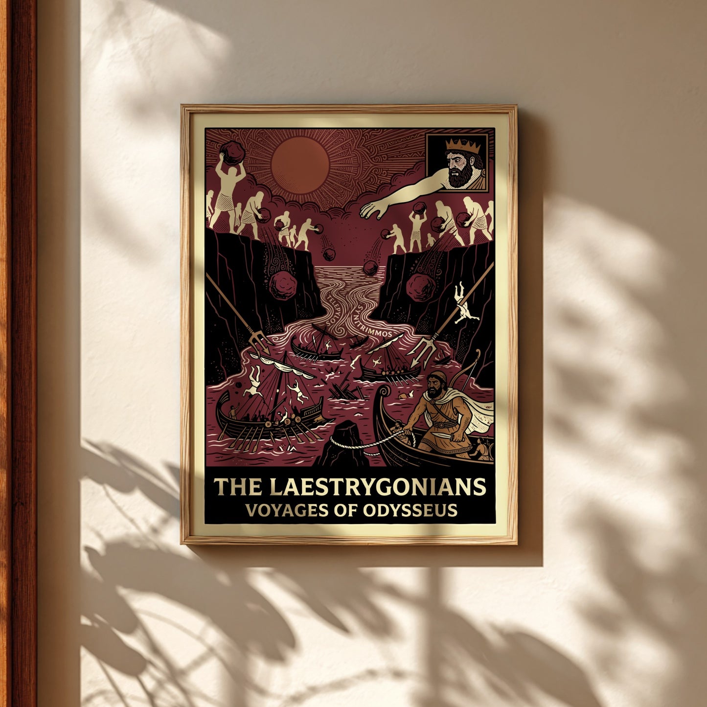 Laestrygonians Odyssey poster featuring a dramatic scene of giants attacking ships in red and cream colors.