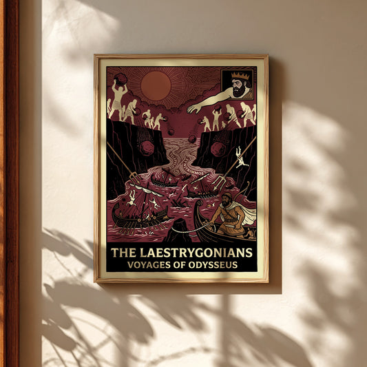 Laestrygonians Odyssey poster featuring a dramatic scene of giants attacking ships in red and cream colors.