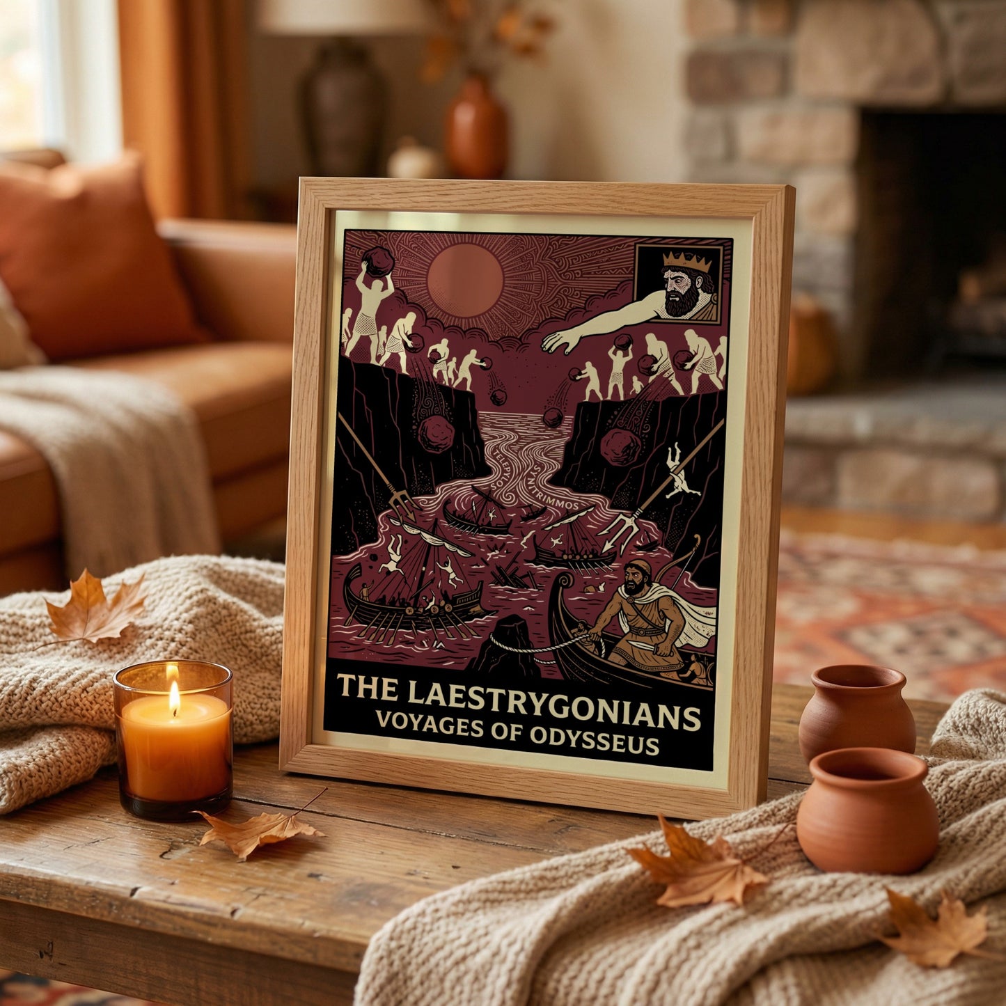 Laestrygonians Odyssey poster featuring a dramatic scene of giants attacking ships in red and cream colors.
