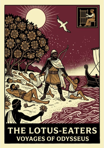 Odysseus and the Lotus-Eaters Greek mythology poster with a bold, illustrative style.