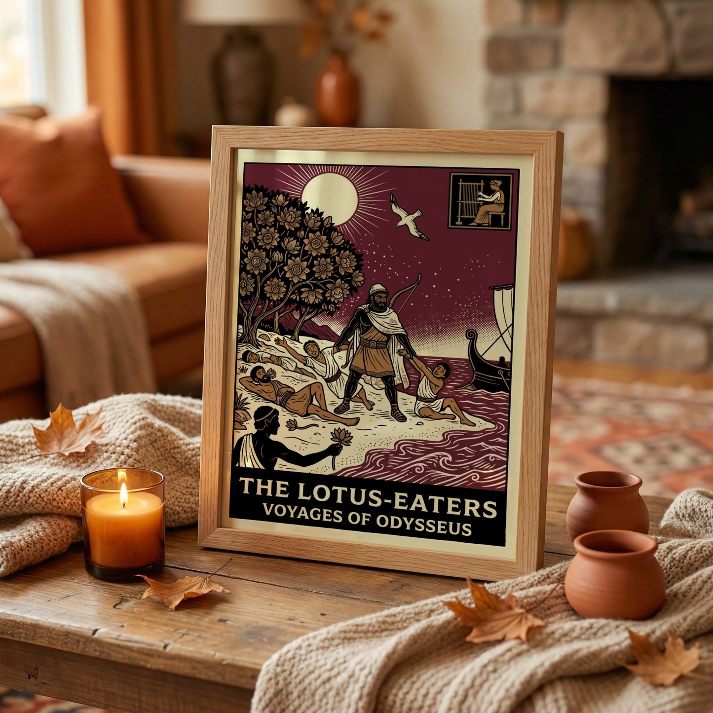 Odysseus and the Lotus-Eaters Greek mythology poster with a bold, illustrative style.