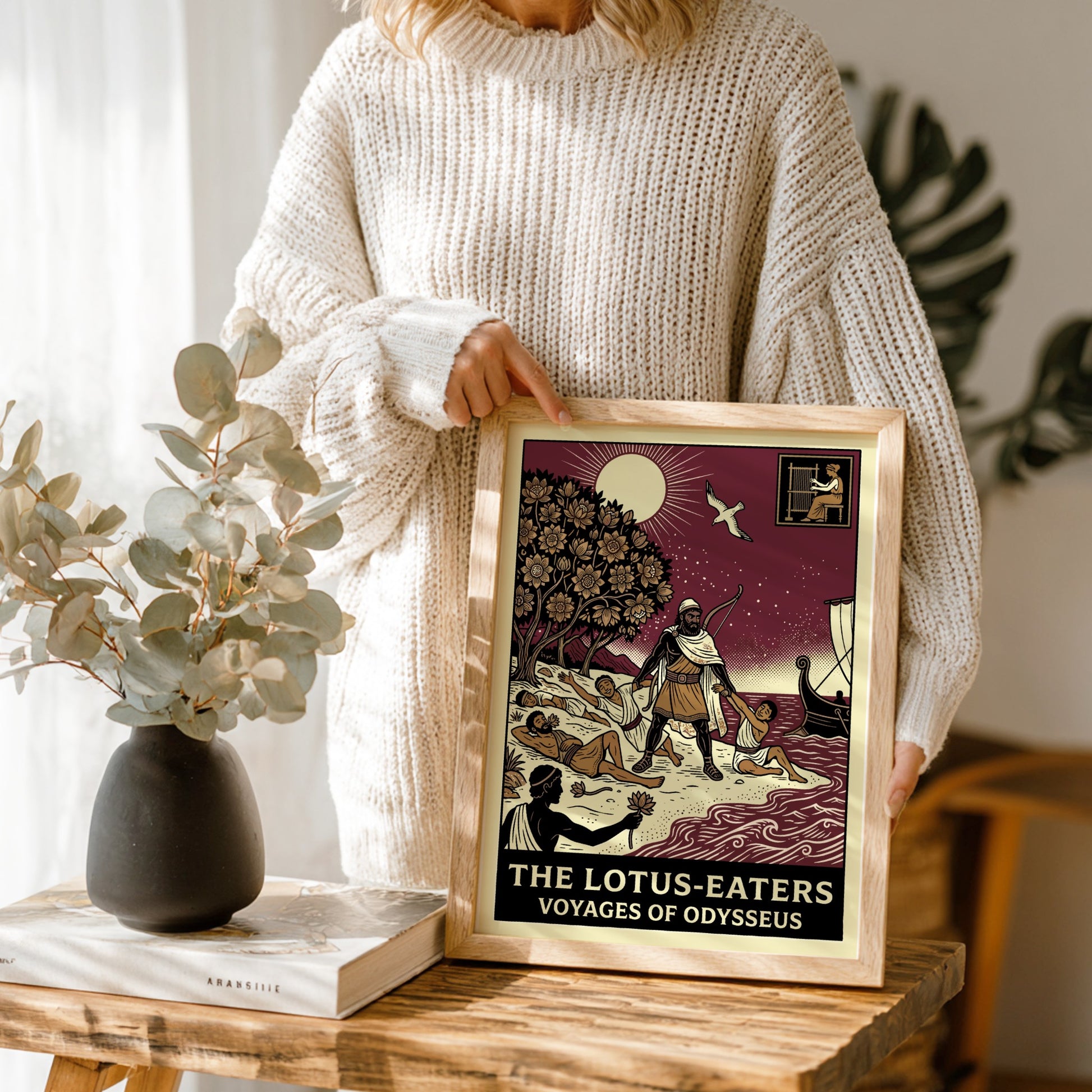Odysseus and the Lotus-Eaters Greek mythology poster with a bold, illustrative style.