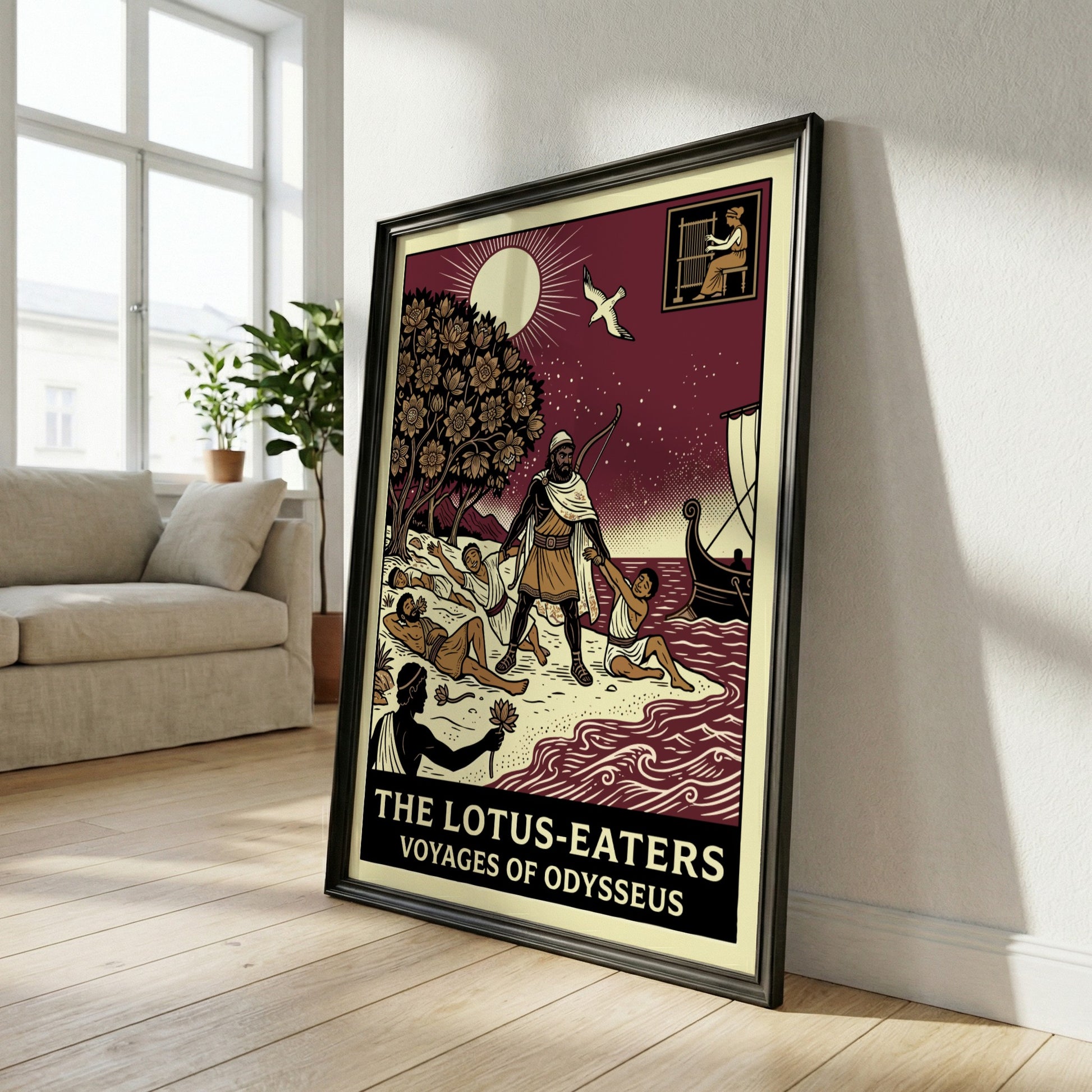 Odysseus and the Lotus-Eaters Greek mythology poster with a bold, illustrative style.