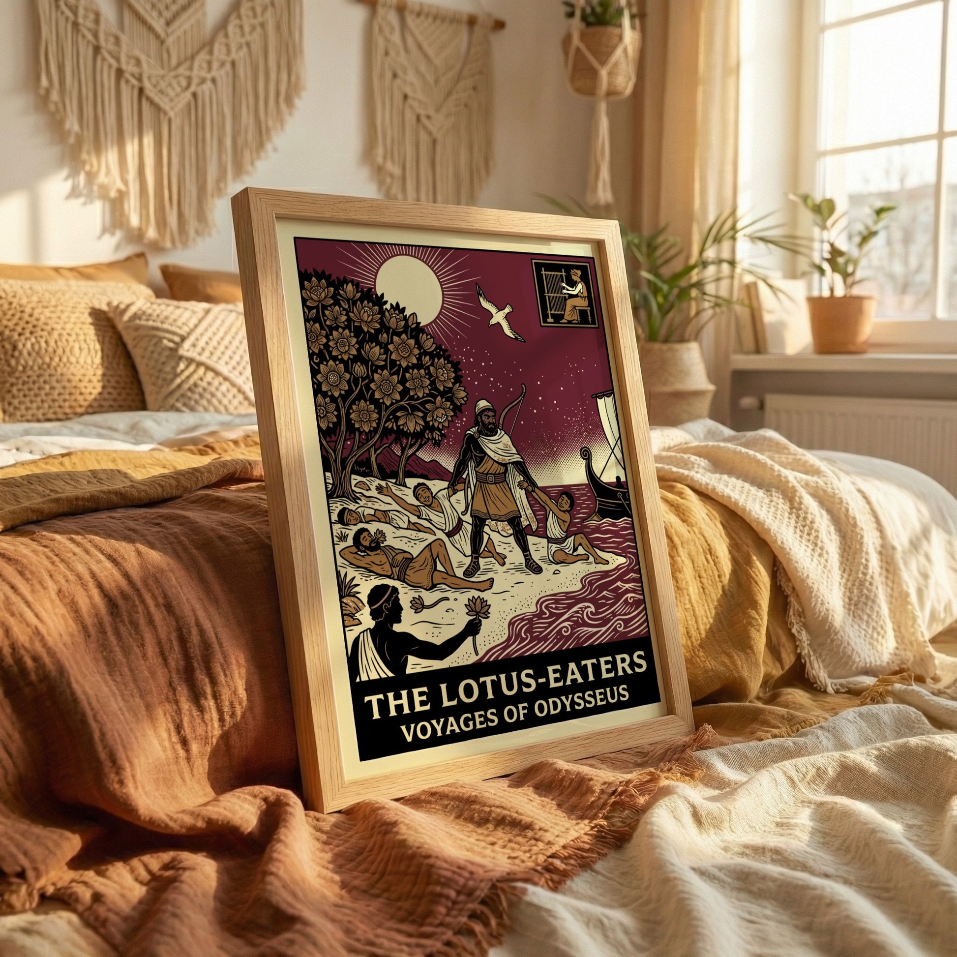 Odysseus and the Lotus-Eaters Greek mythology poster with a bold, illustrative style.