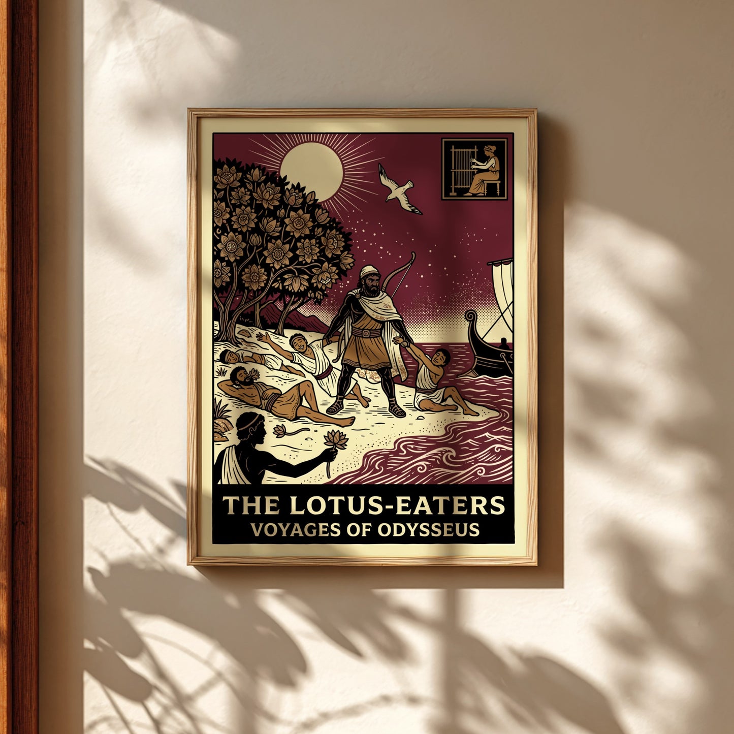 Odysseus and the Lotus-Eaters Greek mythology poster with a bold, illustrative style.