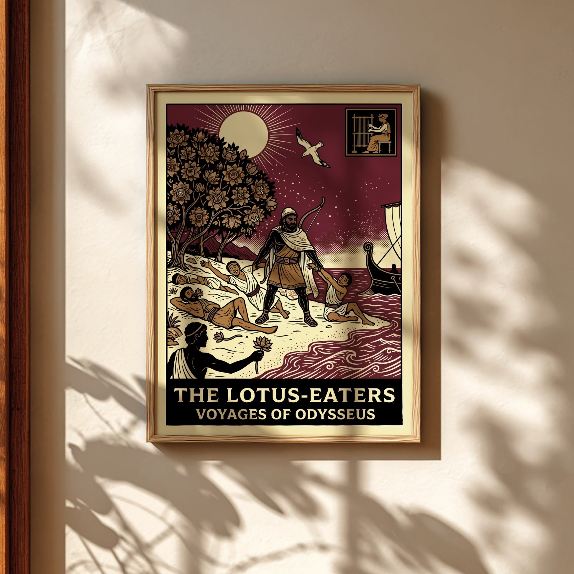Odysseus and the Lotus-Eaters Greek mythology poster with a bold, illustrative style.