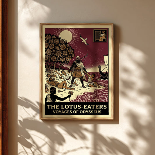 Odysseus and the Lotus-Eaters Greek mythology poster with a bold, illustrative style.