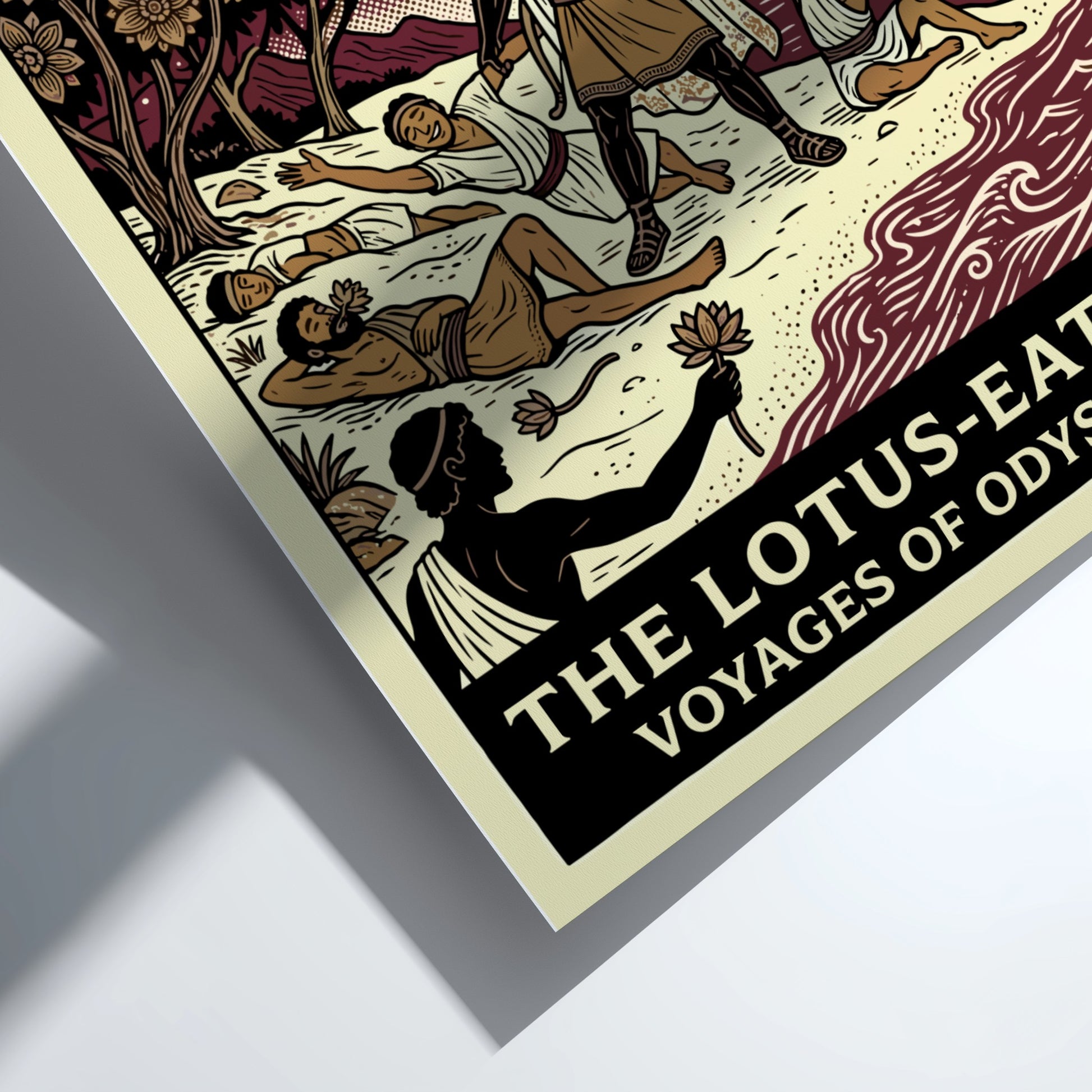 Odysseus and the Lotus-Eaters Greek mythology poster with a bold, illustrative style.